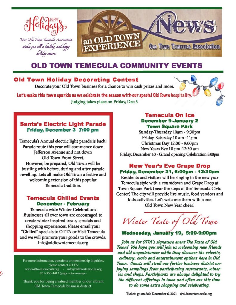 Old Town Temecula Community Holiday Events for 2021 Old Town Temecula